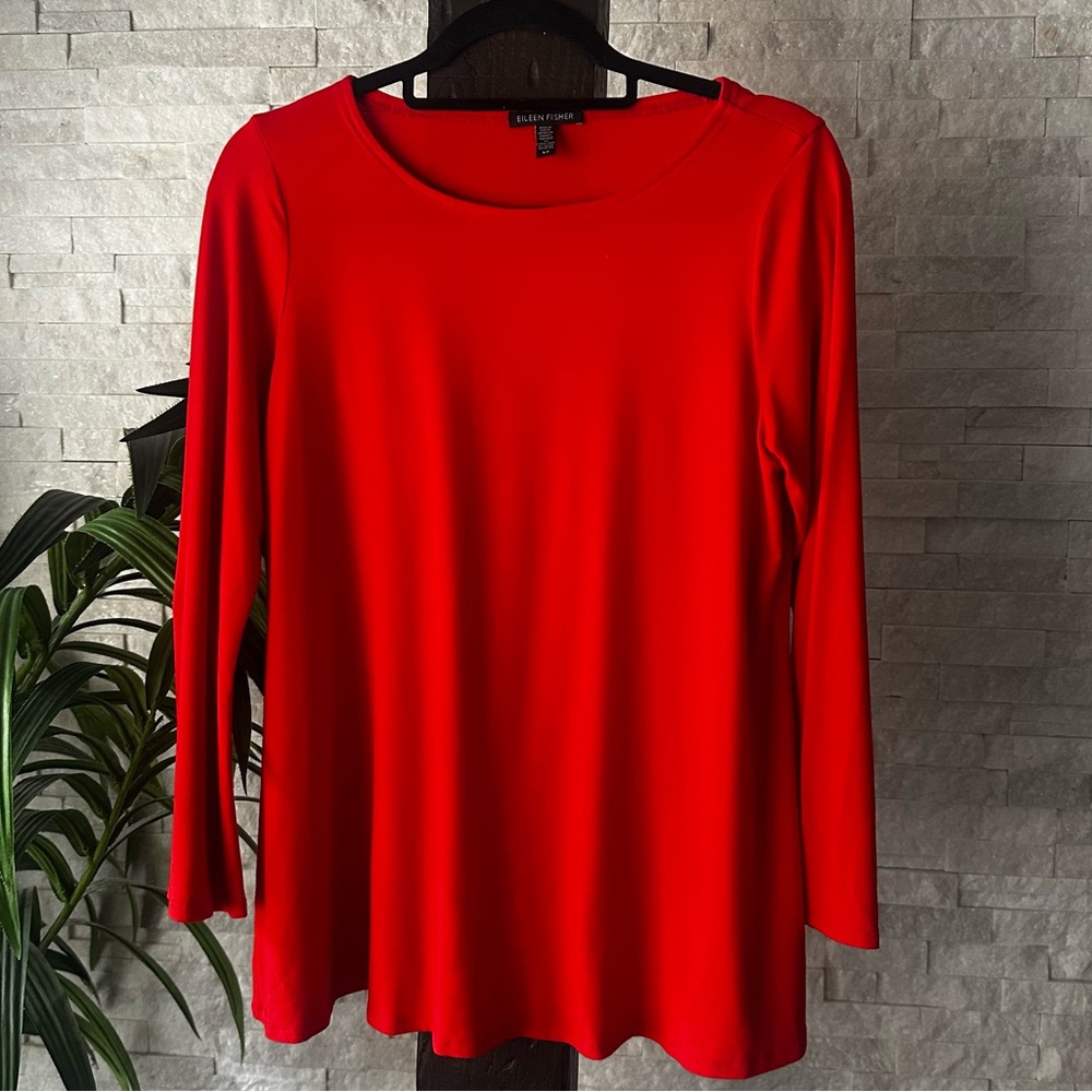 EILEEN FISHER Red Flared Tunic Long Sleeve Boatneck Top Small